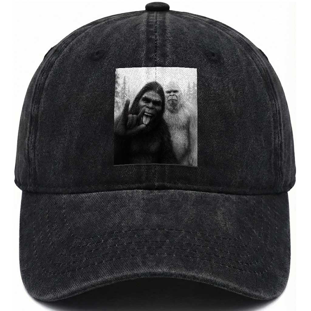 Bigfoot Selfie Christmas Washed Cotton Baseball Cap Sasquatch Yeti Rock On Hand TS14 Washed Cap Universal Fit Black Print Your Wear
