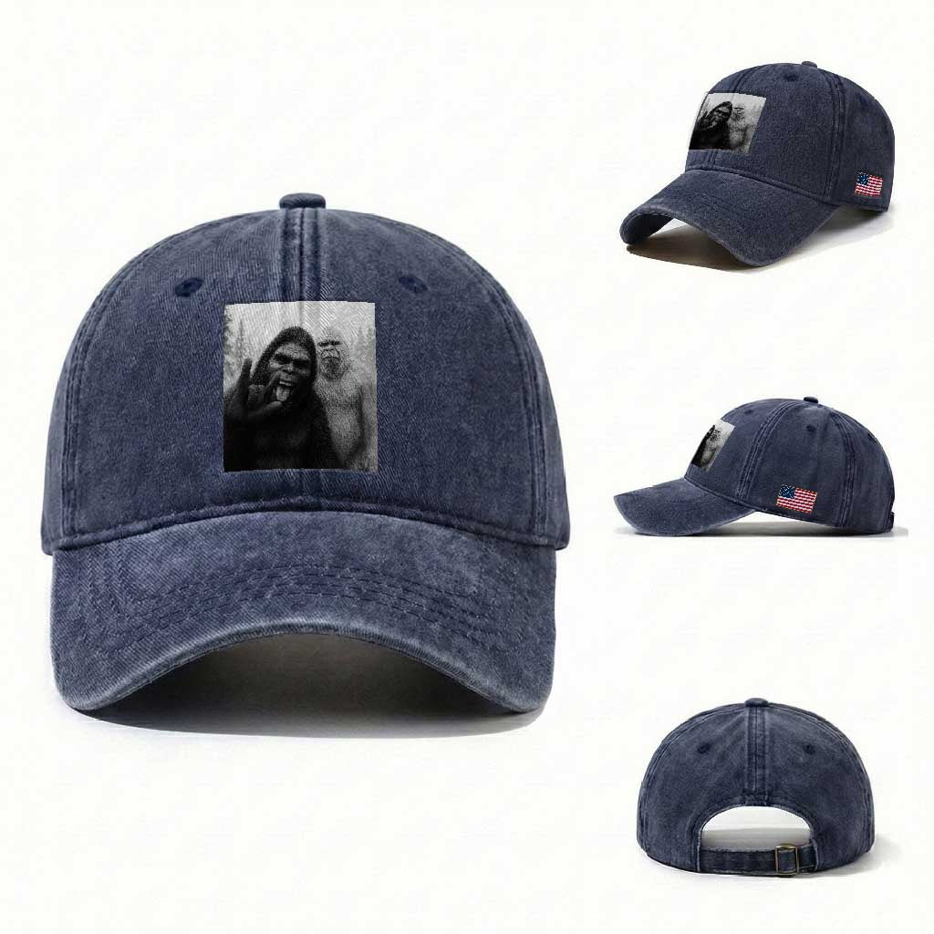 Bigfoot Selfie Christmas Washed Cotton Baseball Cap Sasquatch Yeti Rock On Hand TS14 Washed Cap Universal Fit Navy Print Your Wear