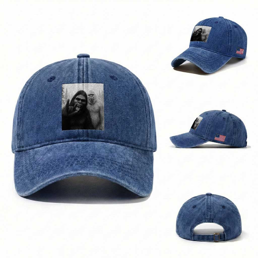 Bigfoot Selfie Christmas Washed Cotton Baseball Cap Sasquatch Yeti Rock On Hand TS14 Washed Cap Universal Fit Royal Blue Print Your Wear