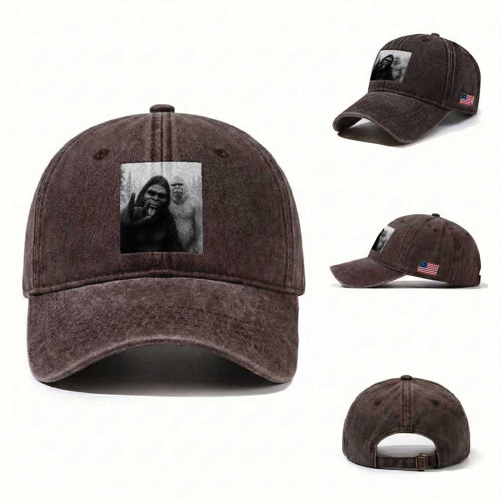 Bigfoot Selfie Christmas Washed Cotton Baseball Cap Sasquatch Yeti Rock On Hand TS14 Washed Cap Universal Fit Dark Brown Print Your Wear