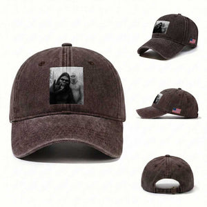 Bigfoot Selfie Christmas Washed Cotton Baseball Cap Sasquatch Yeti Rock On Hand TS14 Washed Cap Universal Fit Dark Brown Print Your Wear