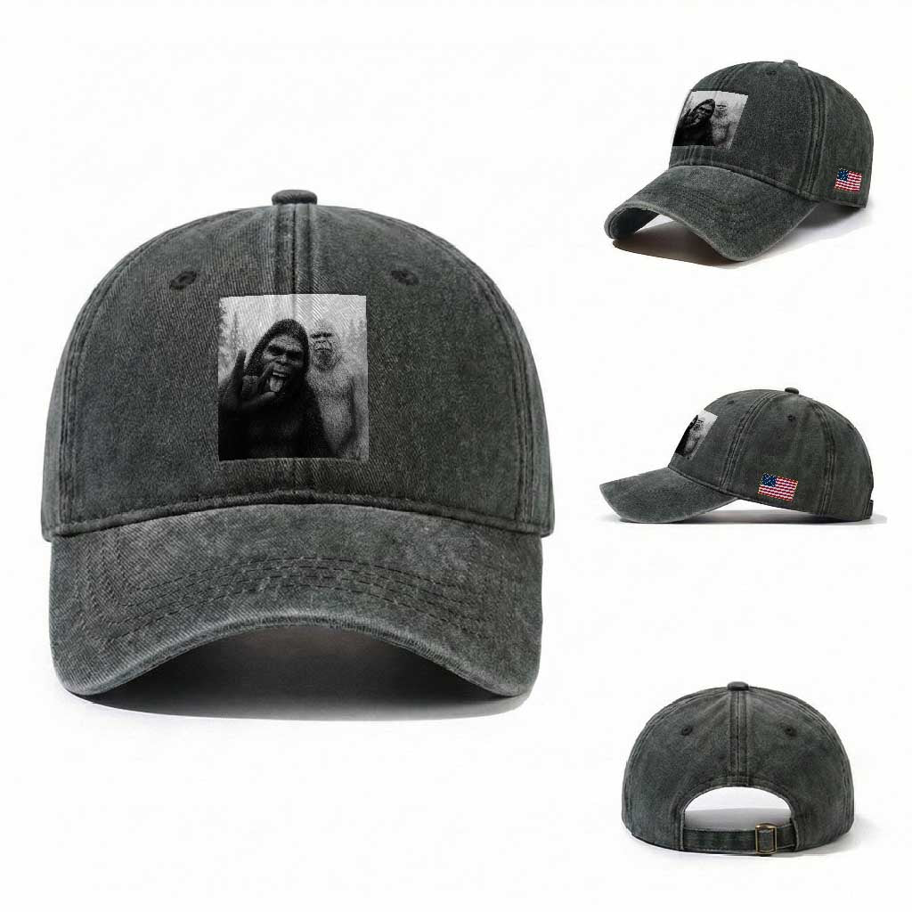 Bigfoot Selfie Christmas Washed Cotton Baseball Cap Sasquatch Yeti Rock On Hand TS14 Washed Cap Universal Fit Dark Green Print Your Wear