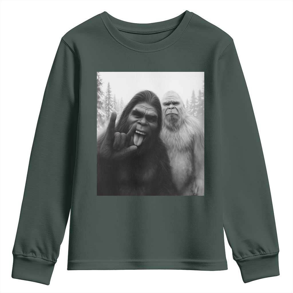 Bigfoot Selfie Christmas Youth Sweatshirt Sasquatch Yeti Rock On Hand TS14 Dark Forest Green Print Your Wear