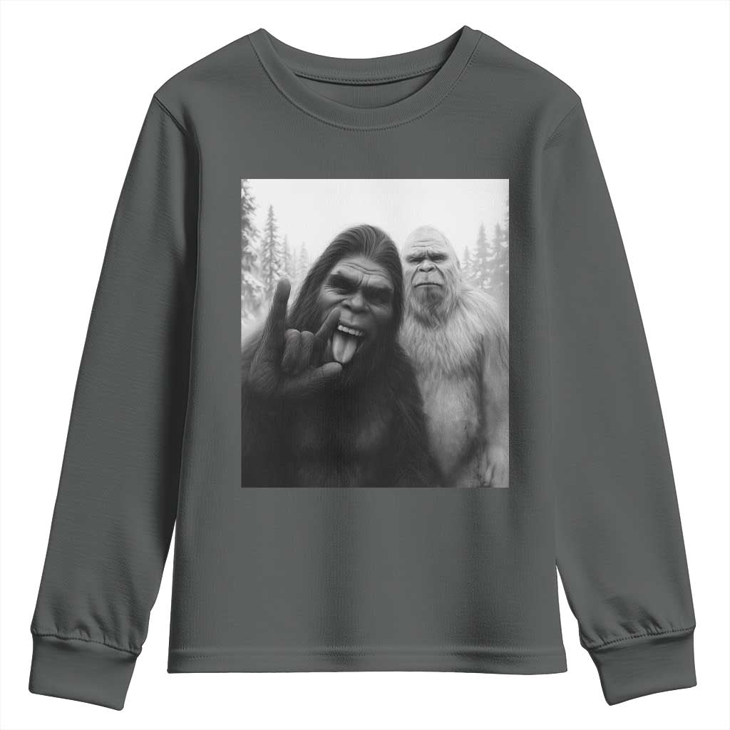 Bigfoot Selfie Christmas Youth Sweatshirt Sasquatch Yeti Rock On Hand TS14 Dark Heather Print Your Wear