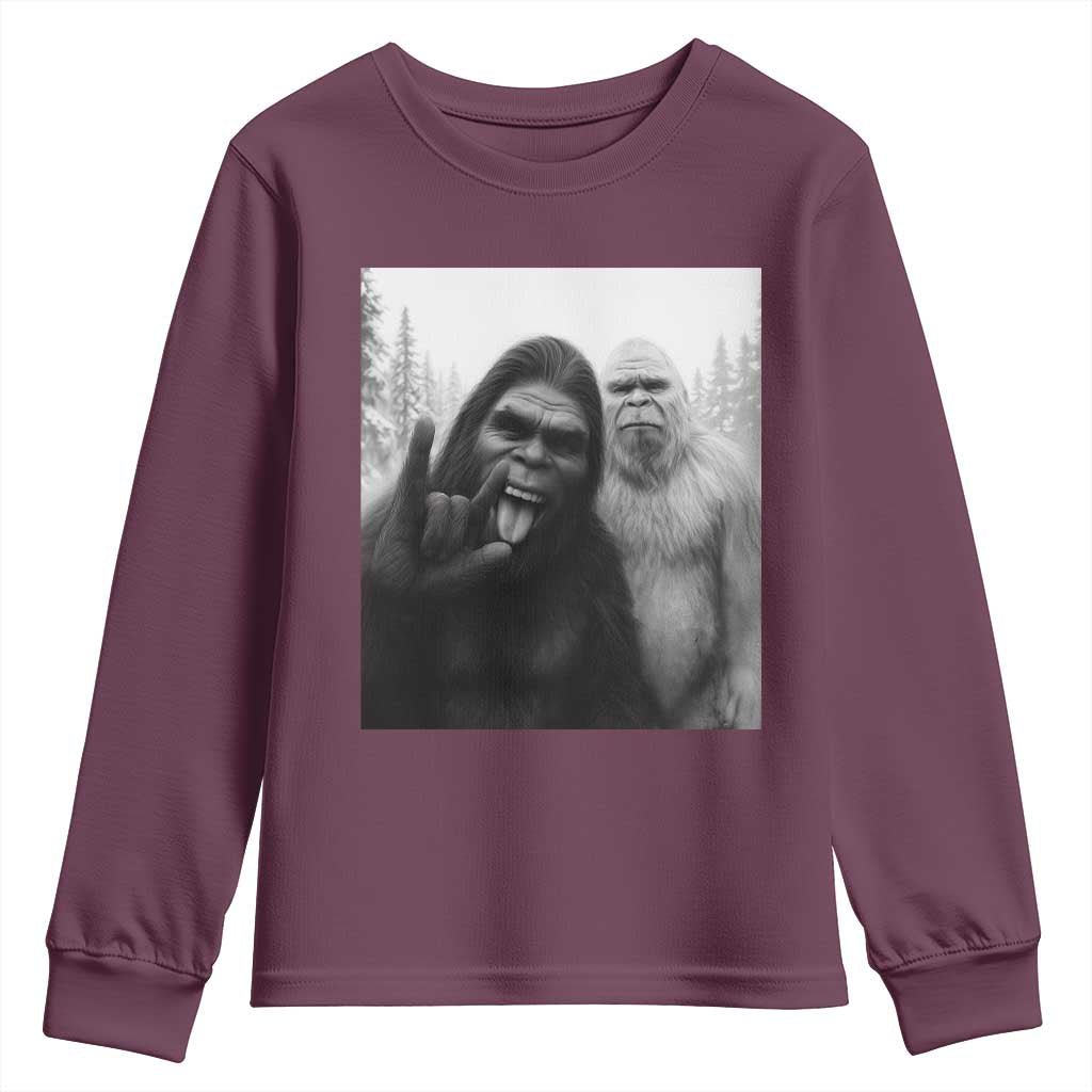 Bigfoot Selfie Christmas Youth Sweatshirt Sasquatch Yeti Rock On Hand TS14 Maroon Print Your Wear