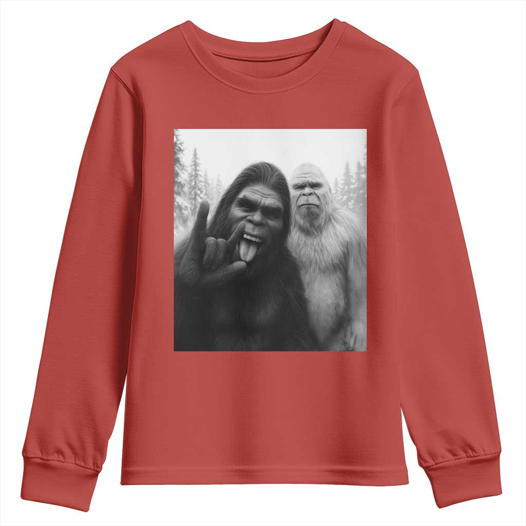 Bigfoot Selfie Christmas Youth Sweatshirt Sasquatch Yeti Rock On Hand TS14 Red Print Your Wear