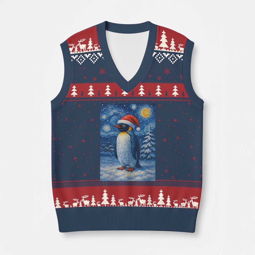 Penguin Xmas V-Neck Knit Sweater Vest Starry Night Van Gogh TS14 Navy Red Print Your Wear