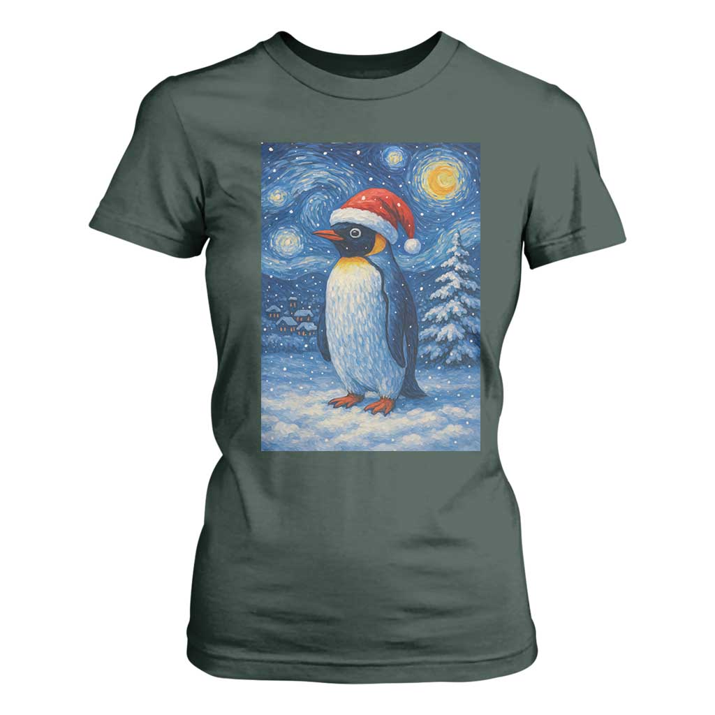 Penguin Christmas T Shirt For Women Starry Night Van Gogh TS14 Dark Forest Green Print Your Wear