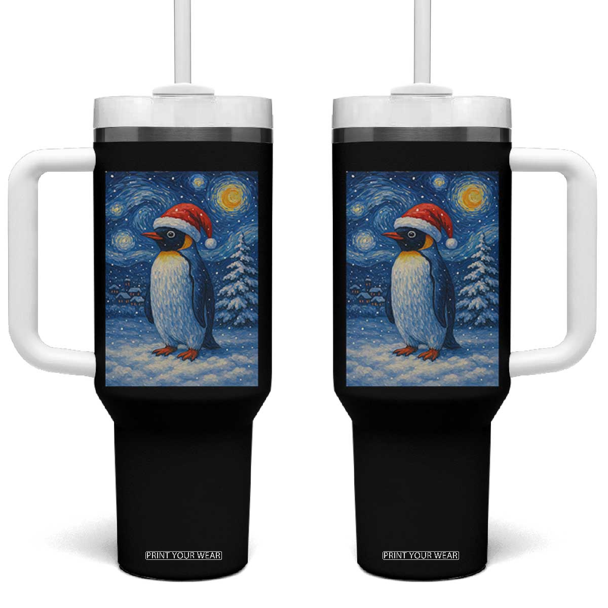 Penguin Christmas Tumbler With Handle Starry Night Van Gogh TS14 One Size: 40 oz Black Print Your Wear