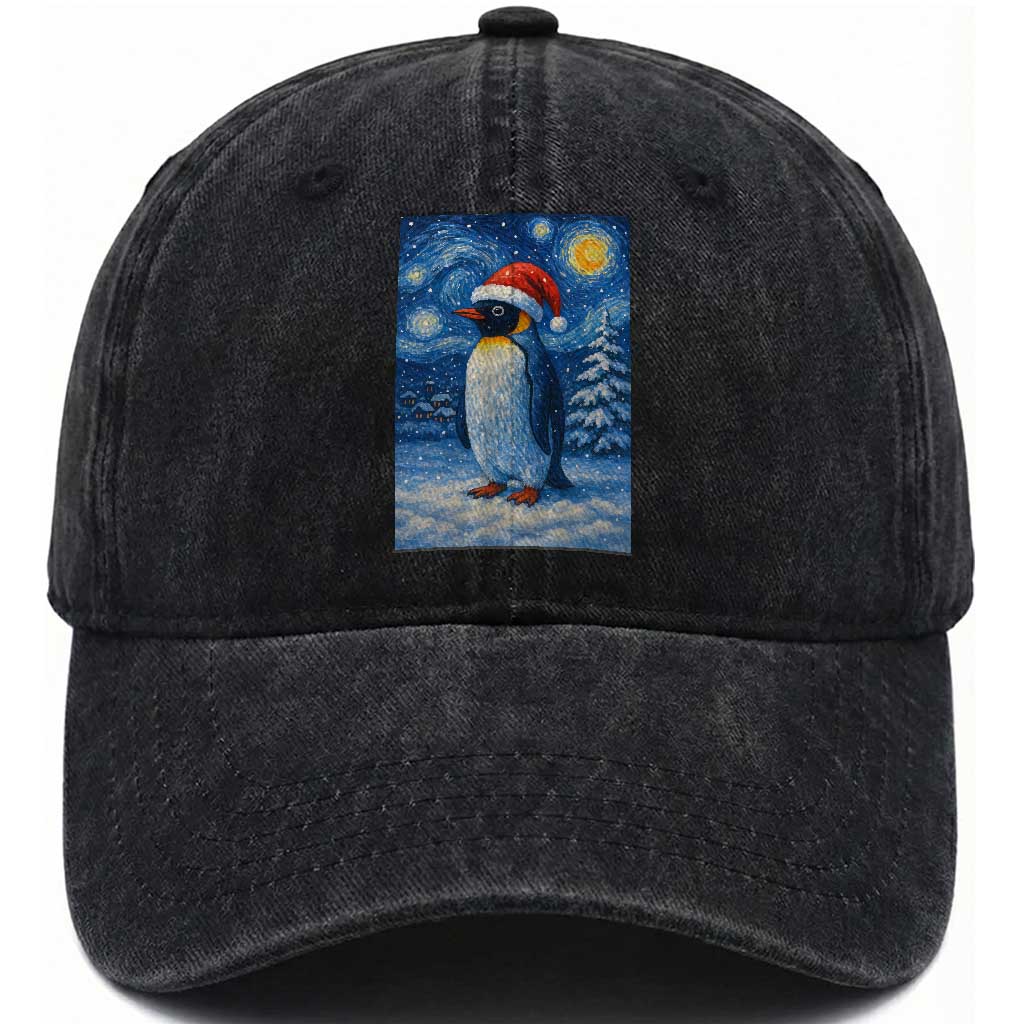 Penguin Christmas Washed Cotton Baseball Cap Starry Night Van Gogh TS14 Washed Cap Universal Fit Black Print Your Wear