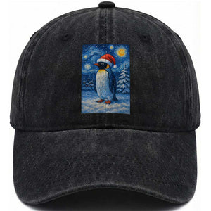 Penguin Christmas Washed Cotton Baseball Cap Starry Night Van Gogh TS14 Washed Cap Universal Fit Black Print Your Wear