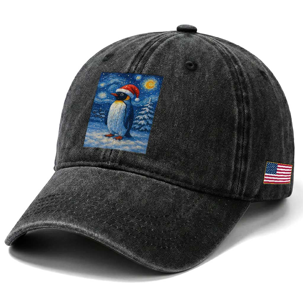 Penguin Christmas Washed Cotton Baseball Cap Starry Night Van Gogh TS14 Print Your Wear