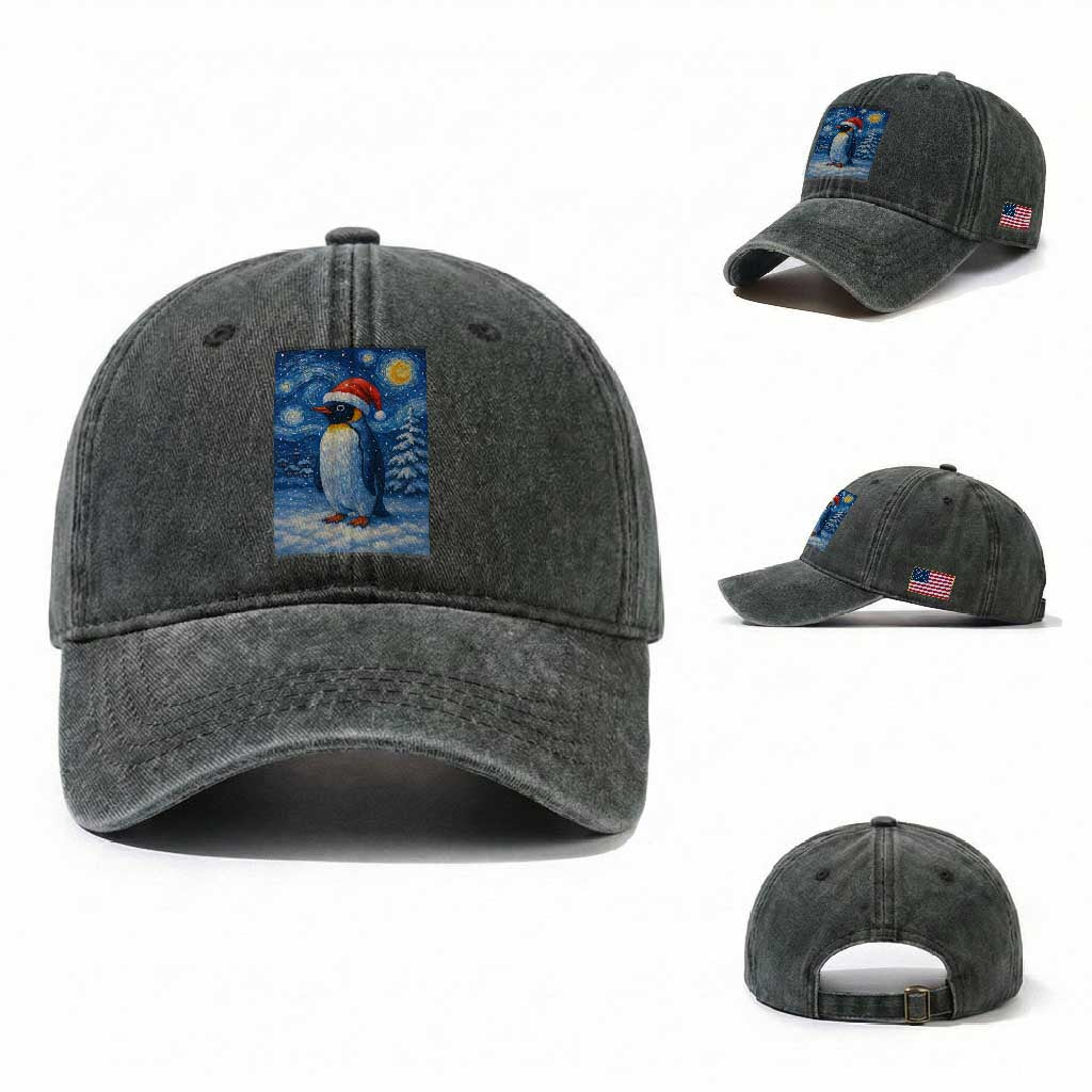 Penguin Christmas Washed Cotton Baseball Cap Starry Night Van Gogh TS14 Washed Cap Universal Fit Dark Green Print Your Wear