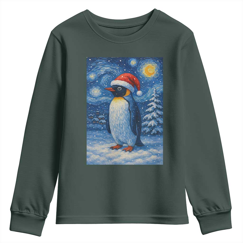 Penguin Christmas Youth Sweatshirt Starry Night Van Gogh TS14 Dark Forest Green Print Your Wear