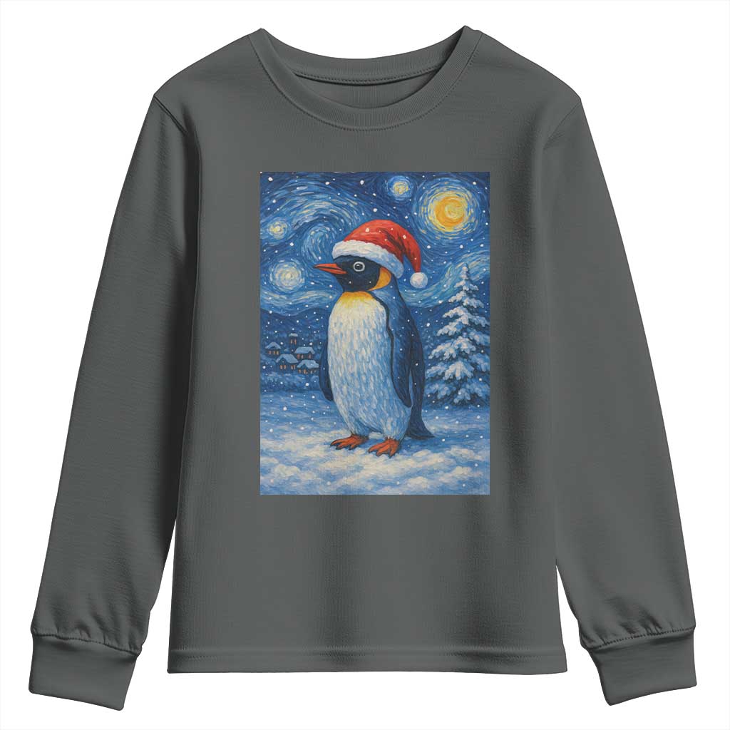 Penguin Christmas Youth Sweatshirt Starry Night Van Gogh TS14 Dark Heather Print Your Wear