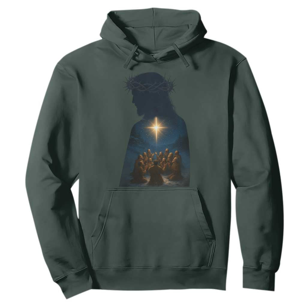 Jesus Christian Christmas Hoodie Christian Saints Praying Under The Star of Bethlehem TS14 Dark Forest Green Print Your Wear