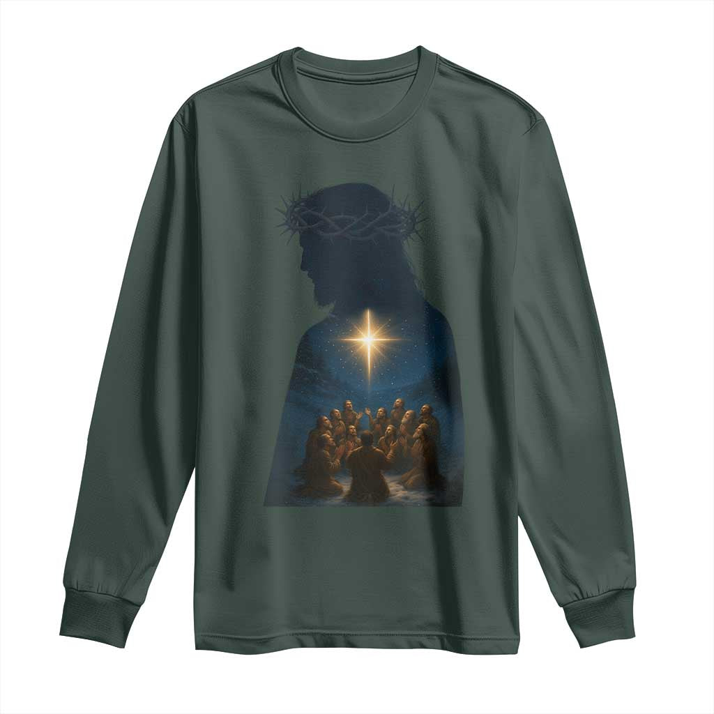 Jesus Christian Christmas Long Sleeve Shirt Christian Saints Praying Under The Star of Bethlehem TS14 Dark Forest Green Print Your Wear