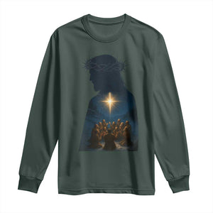 Jesus Christian Christmas Long Sleeve Shirt Christian Saints Praying Under The Star of Bethlehem TS14 Dark Forest Green Print Your Wear