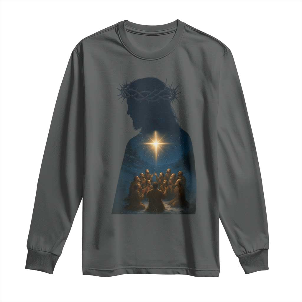 Jesus Christian Christmas Long Sleeve Shirt Christian Saints Praying Under The Star of Bethlehem TS14 Dark Heather Print Your Wear