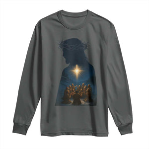 Jesus Christian Christmas Long Sleeve Shirt Christian Saints Praying Under The Star of Bethlehem TS14 Dark Heather Print Your Wear