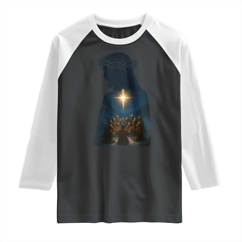 Jesus Christian Christmas Raglan Shirt Christian Saints Praying Under The Star of Bethlehem TS14 Black White Print Your Wear