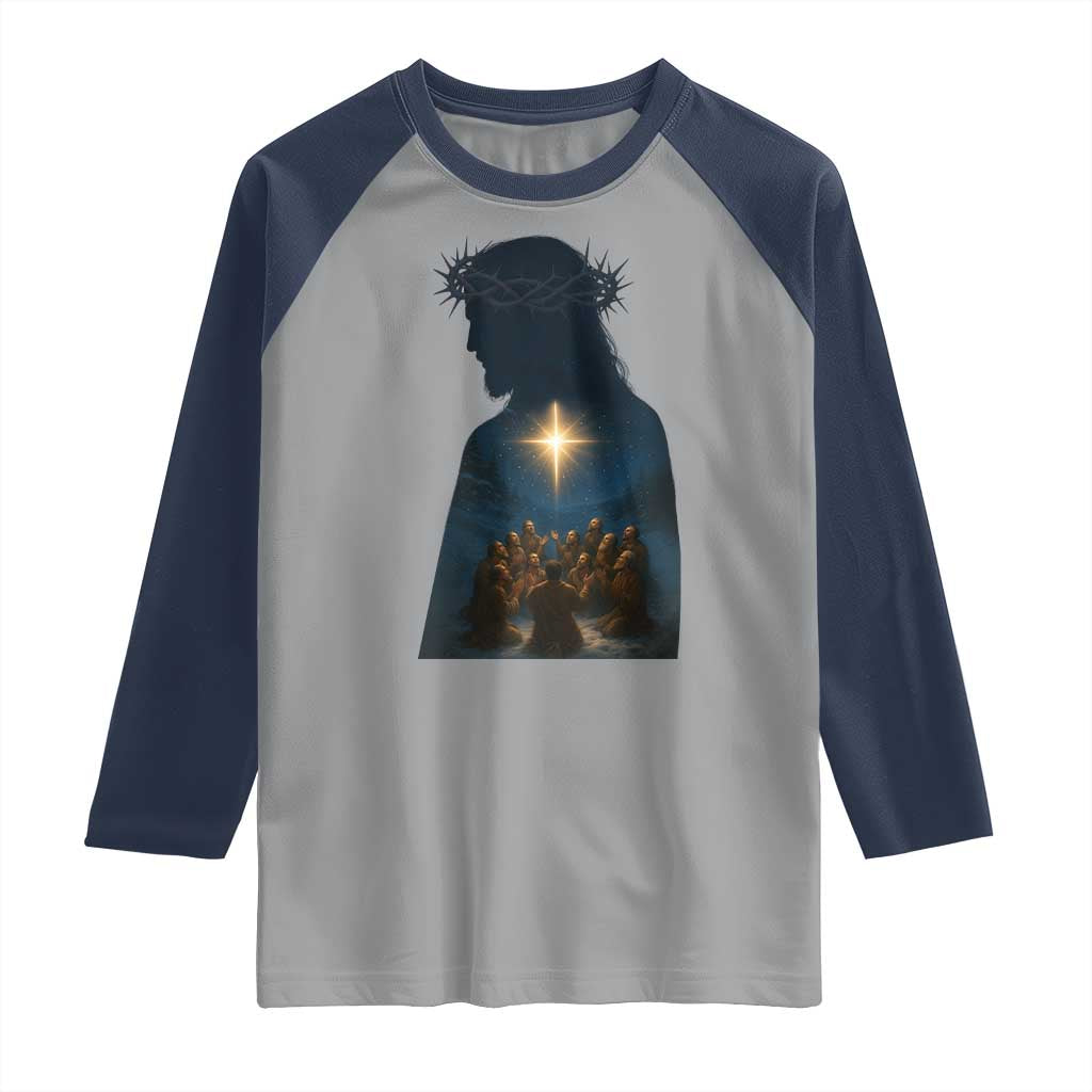 Jesus Christian Christmas Raglan Shirt Christian Saints Praying Under The Star of Bethlehem TS14 Sport Gray Navy Print Your Wear