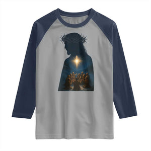Jesus Christian Christmas Raglan Shirt Christian Saints Praying Under The Star of Bethlehem TS14 Sport Gray Navy Print Your Wear