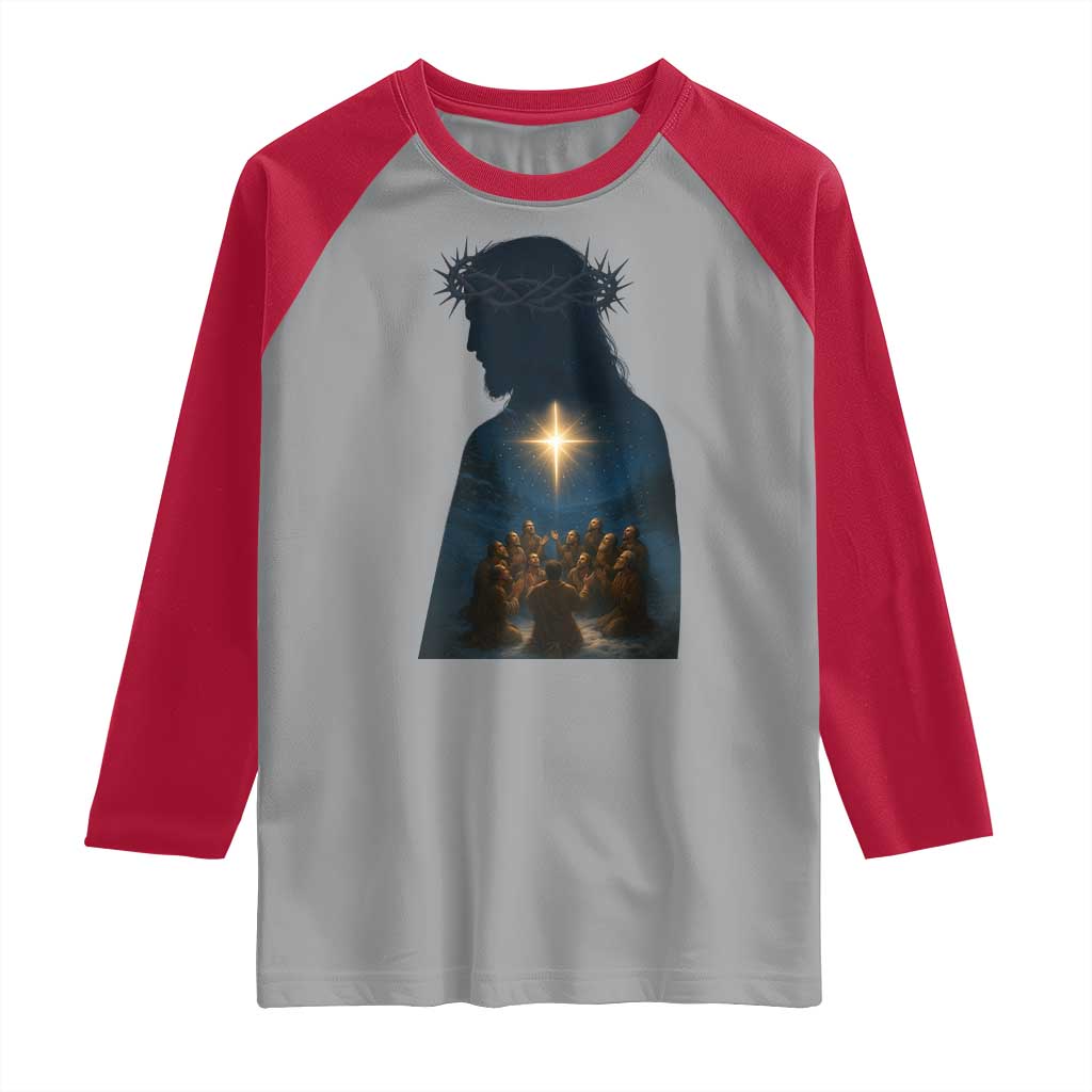 Jesus Christian Christmas Raglan Shirt Christian Saints Praying Under The Star of Bethlehem TS14 Sport Gray Red Print Your Wear
