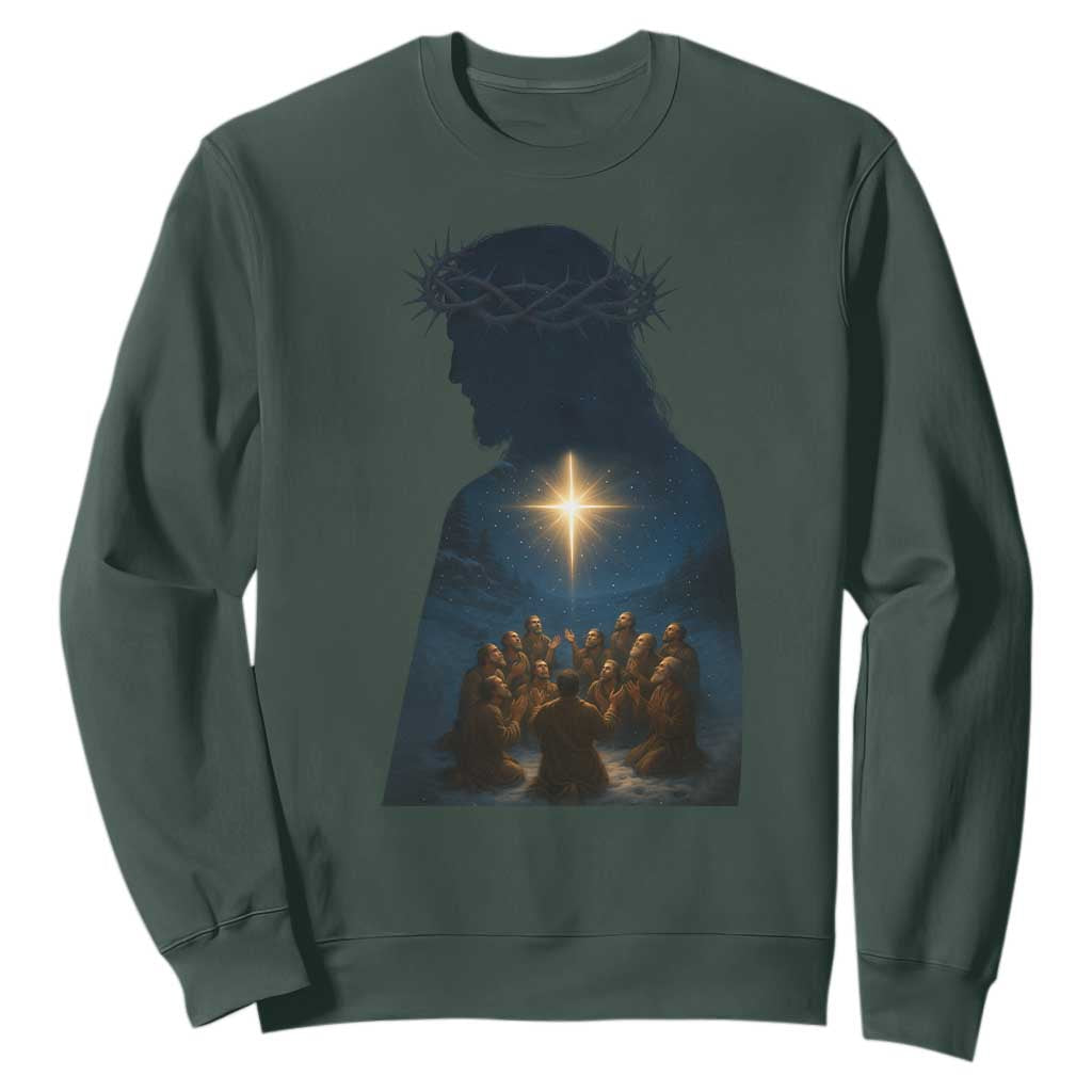 Jesus Christian Christmas Sweatshirt Christian Saints Praying Under The Star of Bethlehem TS14 Dark Forest Green Print Your Wear
