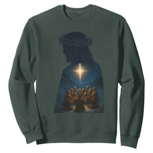 Jesus Christian Christmas Sweatshirt Christian Saints Praying Under The Star of Bethlehem TS14 Dark Forest Green Print Your Wear