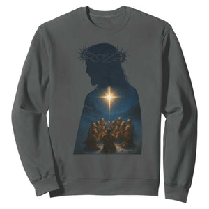 Jesus Christian Christmas Sweatshirt Christian Saints Praying Under The Star of Bethlehem TS14 Dark Heather Print Your Wear