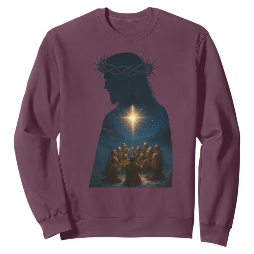 Jesus Christian Christmas Sweatshirt Christian Saints Praying Under The Star of Bethlehem TS14 Maroon Print Your Wear