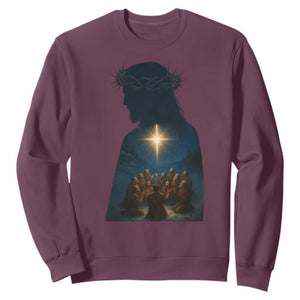 Jesus Christian Christmas Sweatshirt Christian Saints Praying Under The Star of Bethlehem TS14 Maroon Print Your Wear