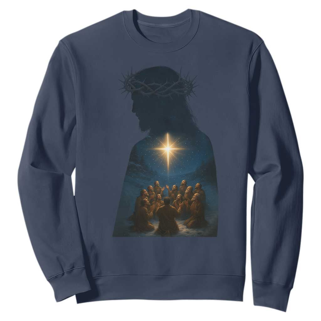 Jesus Christian Christmas Sweatshirt Christian Saints Praying Under The Star of Bethlehem TS14 Navy Print Your Wear
