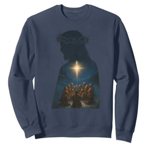 Jesus Christian Christmas Sweatshirt Christian Saints Praying Under The Star of Bethlehem TS14 Navy Print Your Wear
