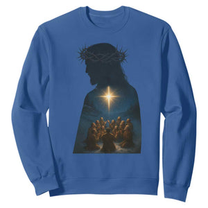 Jesus Christian Christmas Sweatshirt Christian Saints Praying Under The Star of Bethlehem TS14 Royal Blue Print Your Wear