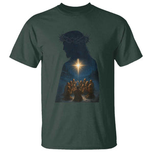 Jesus Christian Christmas T Shirt Christian Saints Praying Under The Star of Bethlehem TS14 Dark Forest Green Print Your Wear