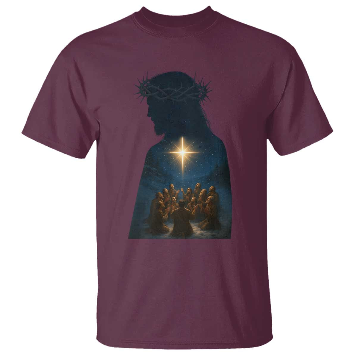 Jesus Christian Christmas T Shirt Christian Saints Praying Under The Star of Bethlehem TS14 Maroon Print Your Wear