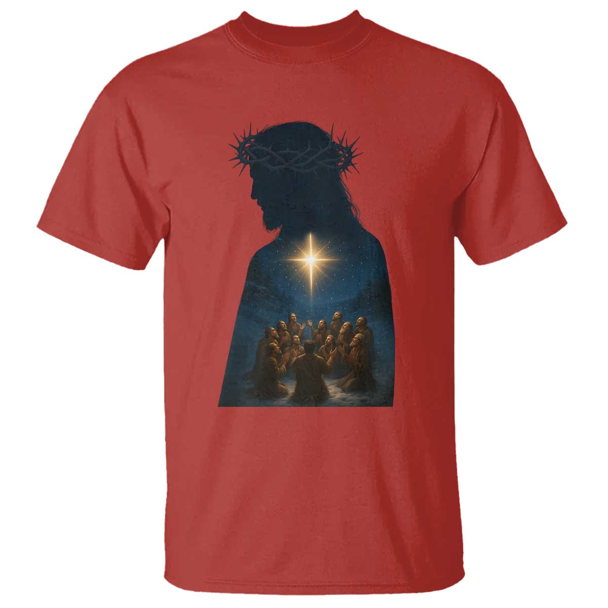 Jesus Christian Christmas T Shirt Christian Saints Praying Under The Star of Bethlehem TS14 Red Print Your Wear