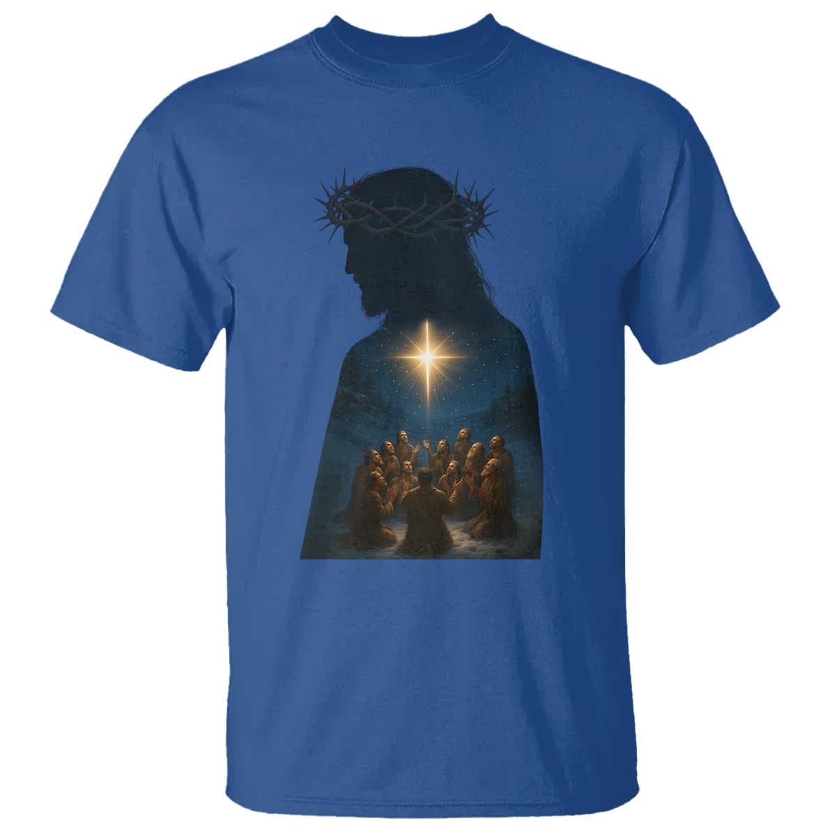 Jesus Christian Christmas T Shirt Christian Saints Praying Under The Star of Bethlehem TS14 Royal Blue Print Your Wear