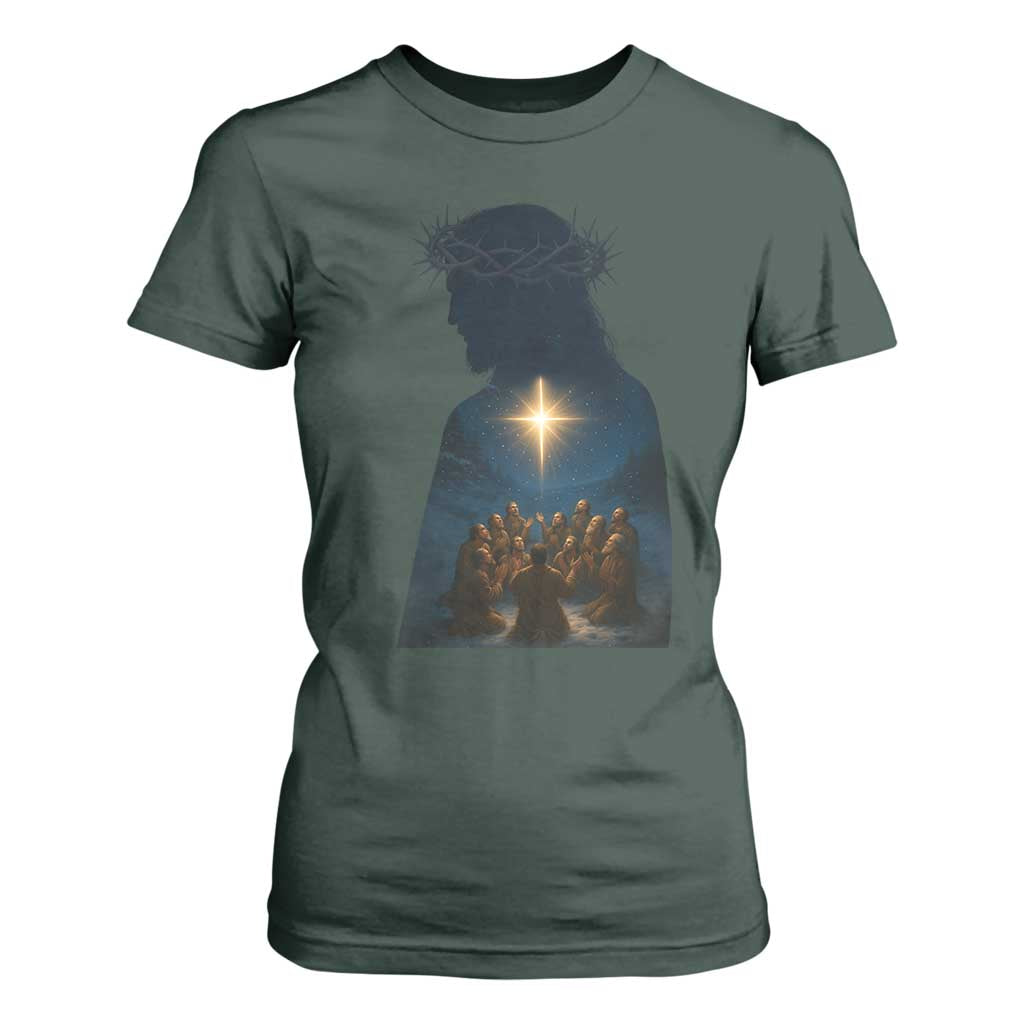 Jesus Christian Christmas T Shirt For Women Christian Saints Praying Under The Star of Bethlehem TS14 Dark Forest Green Print Your Wear