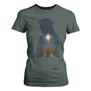 Jesus Christian Christmas T Shirt For Women Christian Saints Praying Under The Star of Bethlehem TS14 Dark Forest Green Print Your Wear