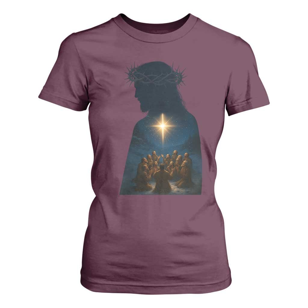 Jesus Christian Christmas T Shirt For Women Christian Saints Praying Under The Star of Bethlehem TS14 Maroon Print Your Wear