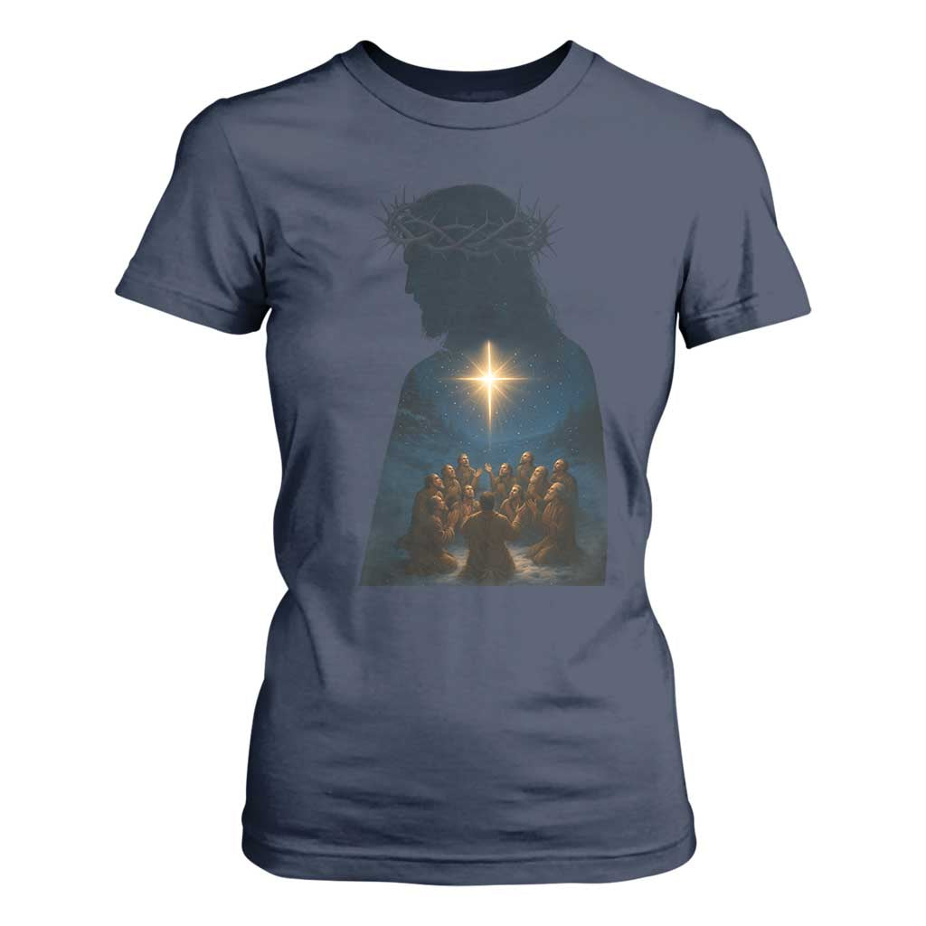 Jesus Christian Christmas T Shirt For Women Christian Saints Praying Under The Star of Bethlehem TS14 Navy Print Your Wear
