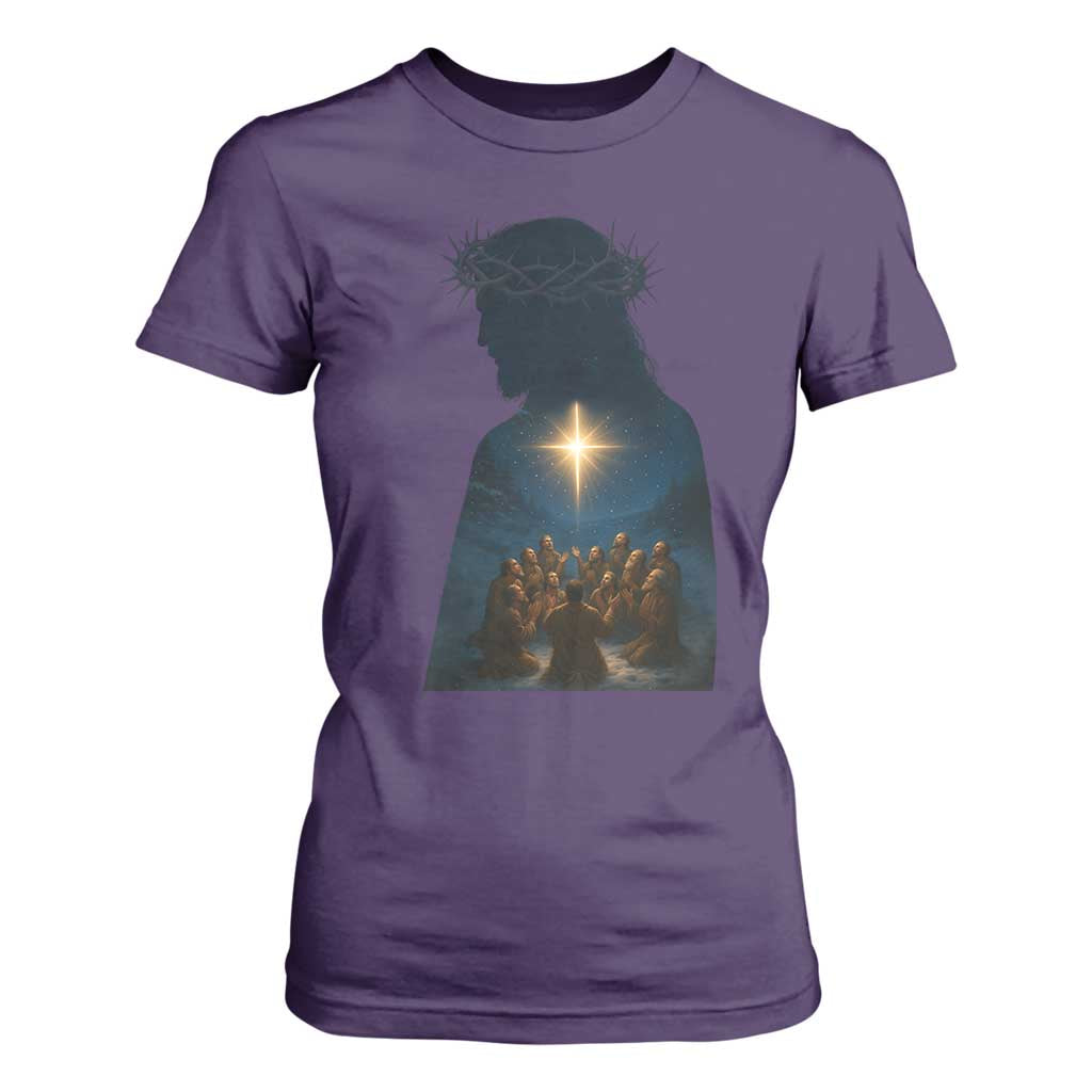 Jesus Christian Christmas T Shirt For Women Christian Saints Praying Under The Star of Bethlehem TS14 Purple Print Your Wear