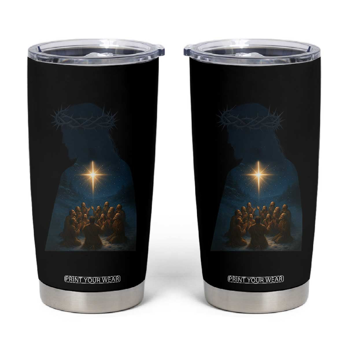 Jesus Christian Christmas Tumbler Cup Christian Saints Praying Under The Star of Bethlehem TS14 Black Print Your Wear