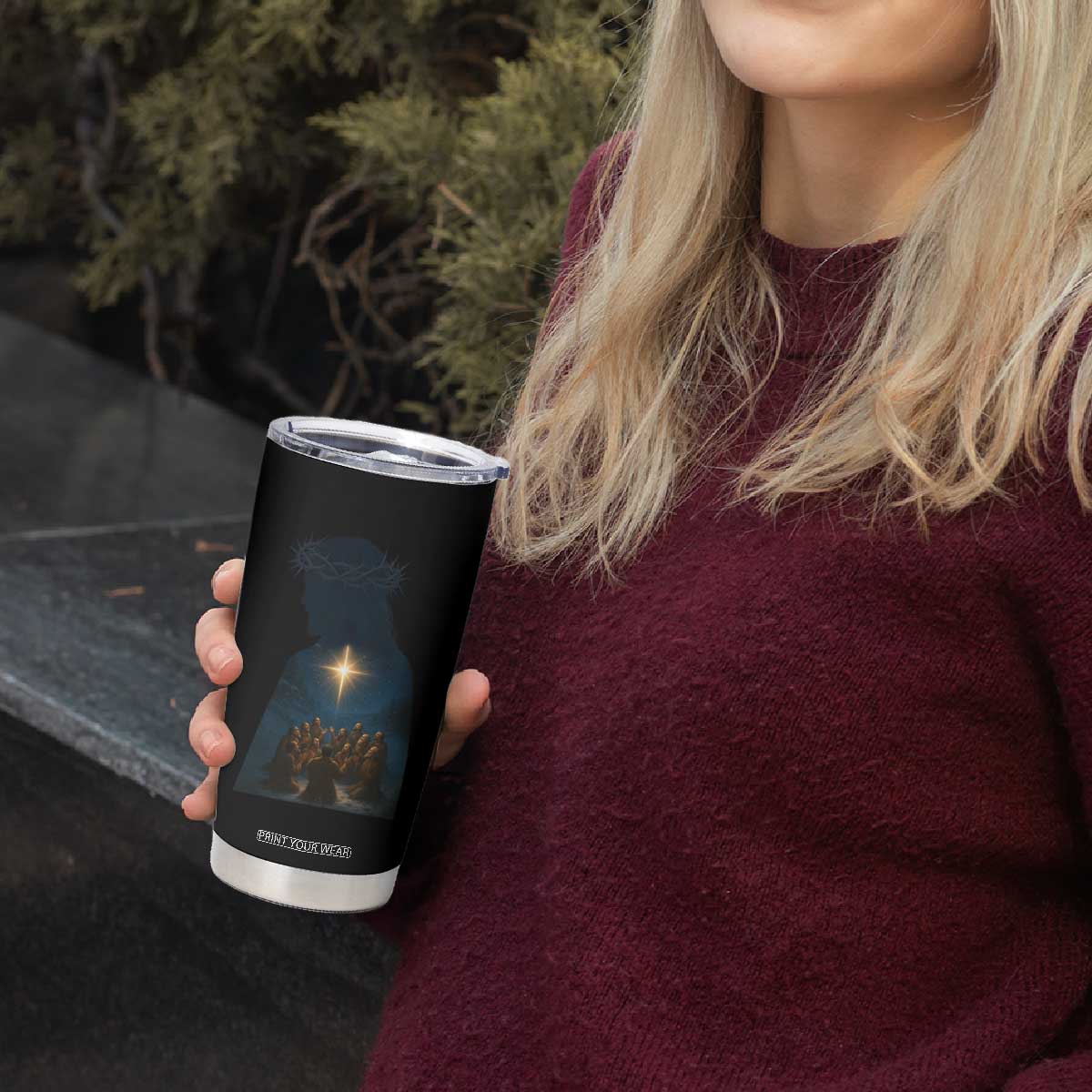 Jesus Christian Christmas Tumbler Cup Christian Saints Praying Under The Star of Bethlehem TS14 Print Your Wear