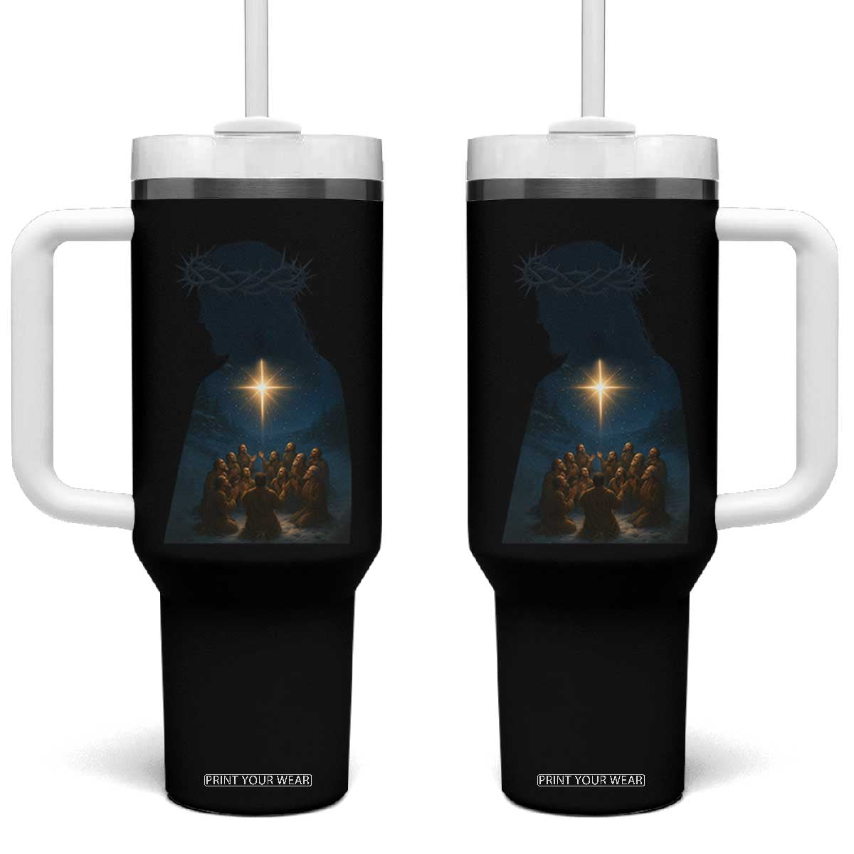 Jesus Christian Christmas Tumbler With Handle Christian Saints Praying Under The Star of Bethlehem TS14 One Size: 40 oz Black Print Your Wear