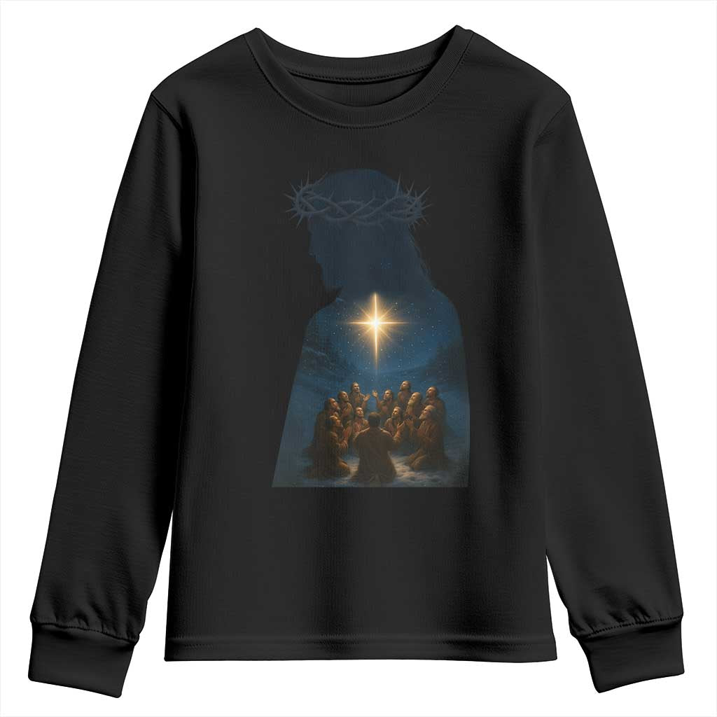 Jesus Christian Christmas Youth Sweatshirt Christian Saints Praying Under The Star of Bethlehem TS14 Black Print Your Wear