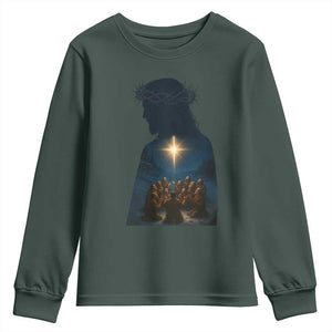 Jesus Christian Christmas Youth Sweatshirt Christian Saints Praying Under The Star of Bethlehem TS14 Dark Forest Green Print Your Wear